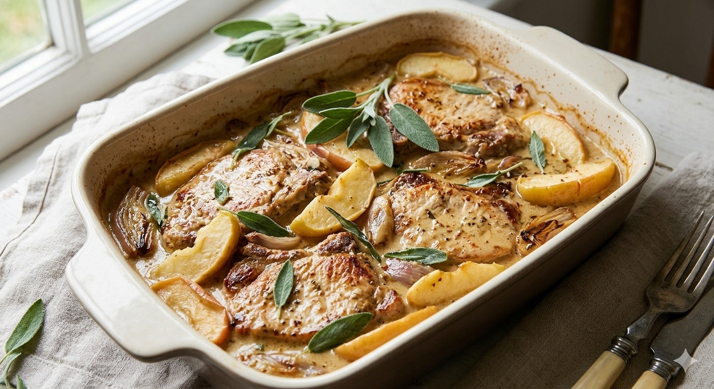 Svinekoteletter i fad med æbler og salvie