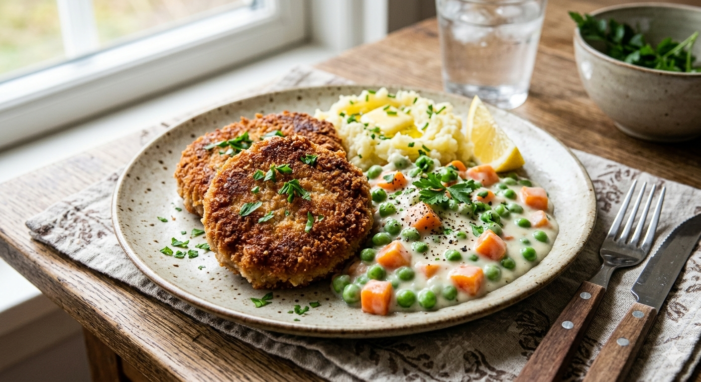 Karbonader med stuvet ærter og gulerødder