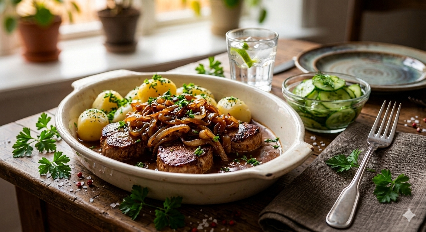 Mørbradbøf med bløde løg og flødesovs