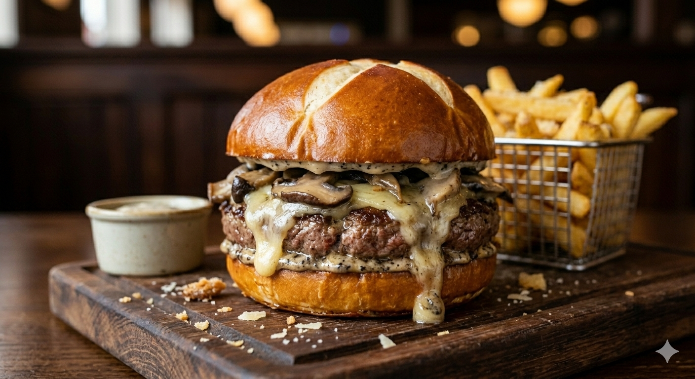 Burger med svampe, smeltet ost og trøffelmayo