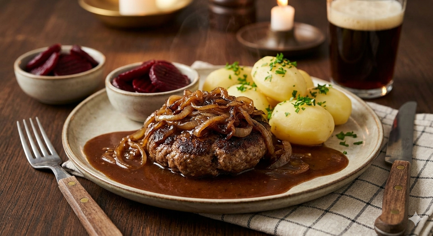 Hakkebøf med bløde løg