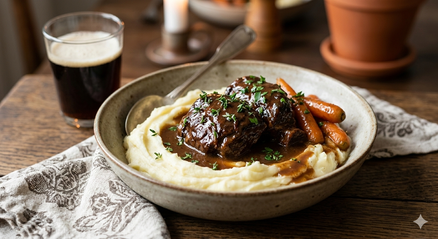 Braiserede grisekæber i mørkt øl