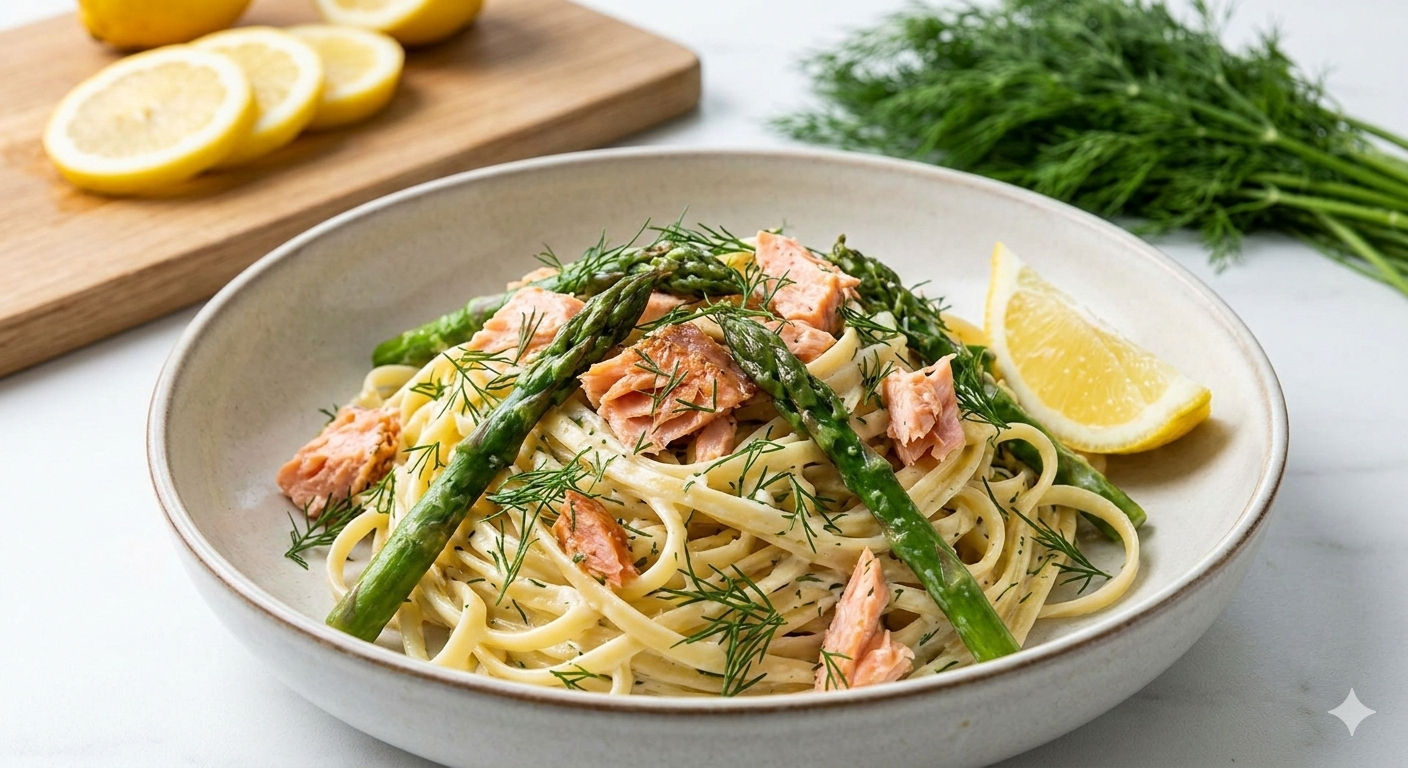 Citronpasta med varmrøget laks og asparges