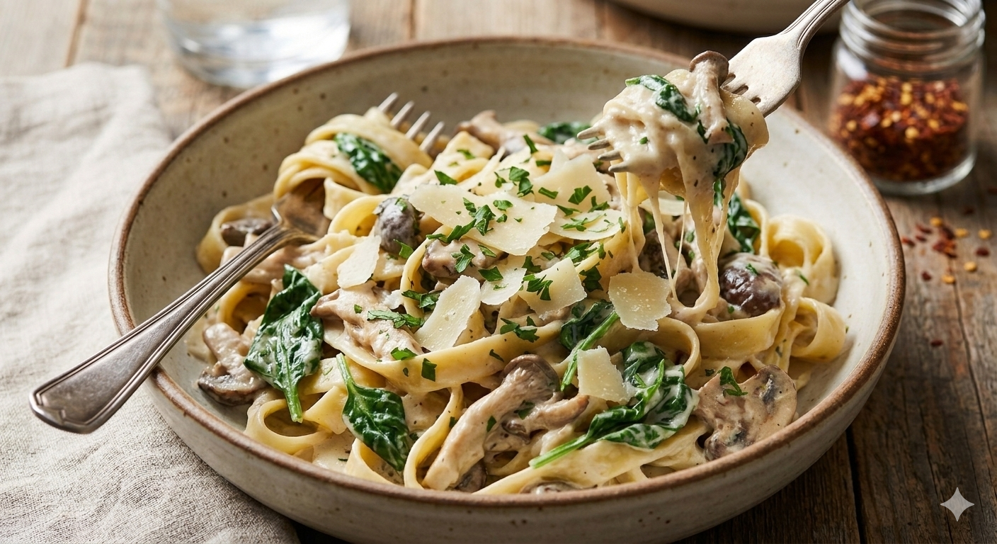 Cremet pasta med svampe og spinat