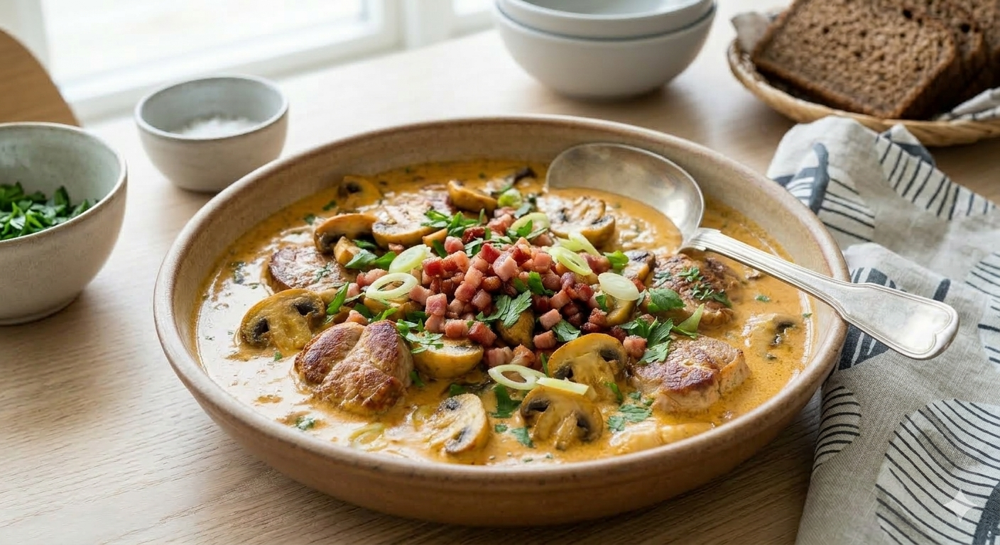 Mørbradgryde med paprika, svampe og sprød bacon