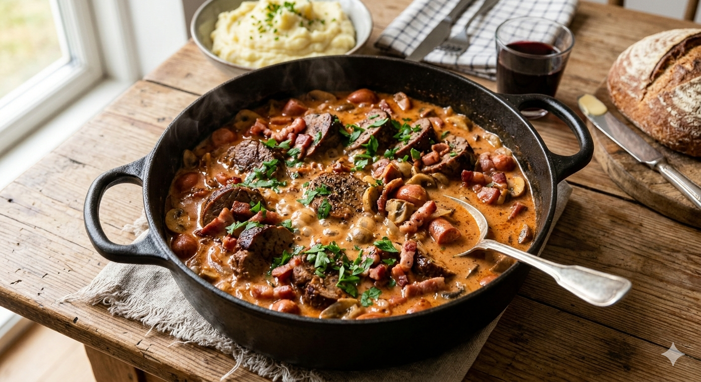 Klassisk mørbradgryde med bacon og svampe